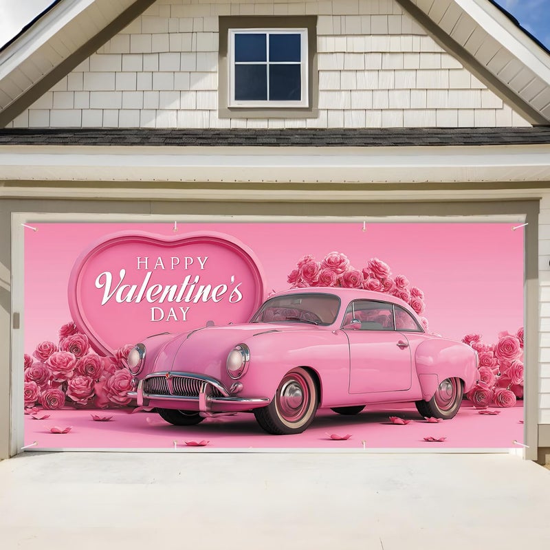 ANNA QUEEN Valentine’s Day Garage Door Banner 6x13FT, Pink Vintage Car and Rose Heart Garage Door Cover, Romantic Outdoor Decoration for Garage Doors, Yard & Love Theme Party Backdrop - Image 1